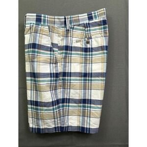 Men's Plaid Flat‎ Front Casual Shorts Blue Tan White Check Cotton Blend size 34